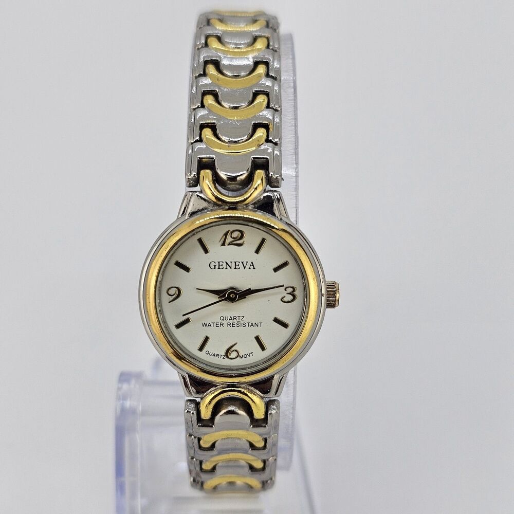 Women's Watch 24MM White Dial Two Tone Bracelet Band 6.5" Wrist New Battery